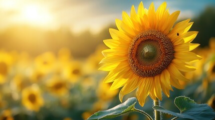 Obraz premium Golden Sunflower Blooming at Sunset in Field
