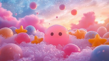 Cute pink blob in pastel fantasy landscape.