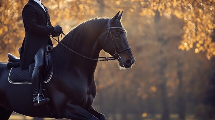Obraz premium Equestrian in Autumn Park, Black Horse in Motion