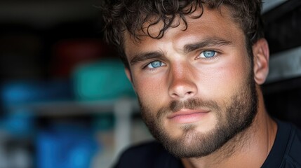 Fototapeta premium Close-up portrait of a young man with expressive eyes and a short, textured hairstyle. A serious, focused gaze