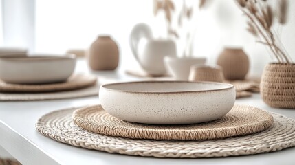 A harmonious table composition with matte ceramic plates, woven placemats, and soft decorative elements in light neutral shades