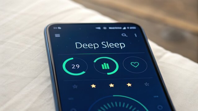 Weight management concept. Deep Sleep app interface on a smartphone, displaying sleep metrics and features.