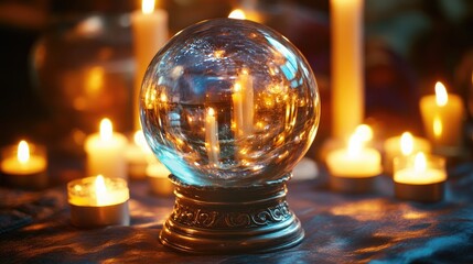 Crystal ball glowing with warm, swirling light surrounded by lit candles on a dimly lit surface. Mystical and magical atmosphere with soft, warm lighting and reflections. Generative AI