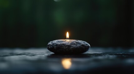 A single candle flame on a natural stone, evoking tranquility