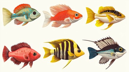 Naklejka premium Colorful and Vibrant Fish Collection Featuring Various Species and Unique Patterns for Decorative or Educational Use