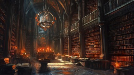 Fototapeta premium Magical library with tall bookshelves, arched windows, and glowing light effects. A mystical atmosphere with books, artifacts, and enchanted decor fills the grand, gothic-style interior. Generative AI