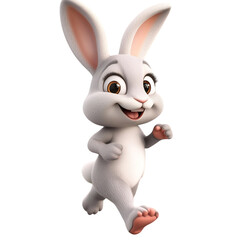 A 3D Cartoon Bunny with Large Floppy Ears Hopping Isolated on Transparent Background
