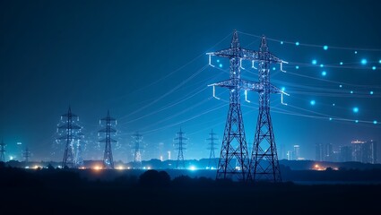 High voltage power lines, electric grid infrastructure, futuristic technology network,