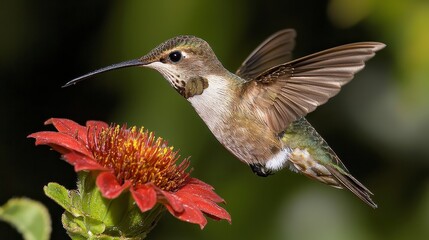 Fototapeta premium Magnificent Hummingbird in Flight Approaching Vibrant Red Flower Petals in Natural Garden Setting
