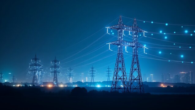 High voltage power lines, electric grid infrastructure, futuristic technology network,