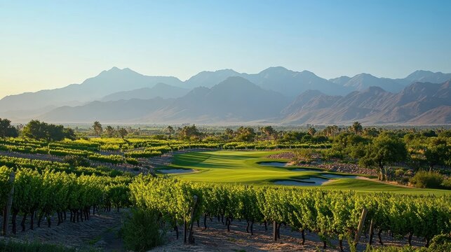 stunning golf course vineyard landscape with mountain view
