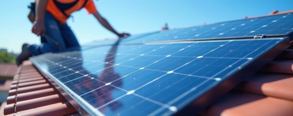 Close up of a solar cell being installed on a roof with blue sky background, solar, construction