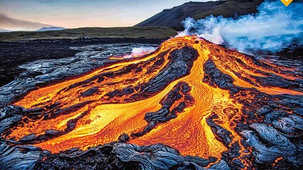 Molten lava flowing down from a volcanic mountain eruption
