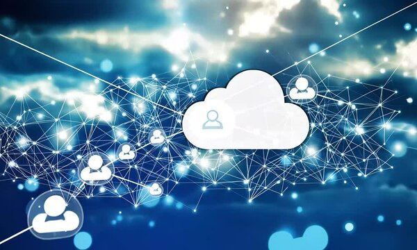 User connects to cloud network; digital sky backdrop; data security concept