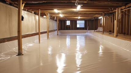 Naklejka premium Basement Waterproofing Installation: New White Vapor Barrier and Underlayment
