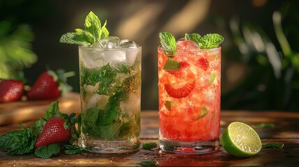 Refreshing Mint & Strawberry Cocktails on Wooden Table