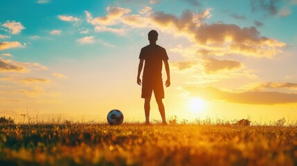 Solo soccer player stands confidently on an open field at sunrise, embodying the spirit of determination and tranquility in a serene sports moment