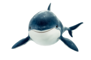 A cartoonish blue and white dolphin with a big smile on its face