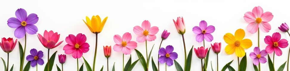 Obraz premium Close-up of assorted purple, pink, and yellow spring blossoms on white background, spring, isolated, fresh