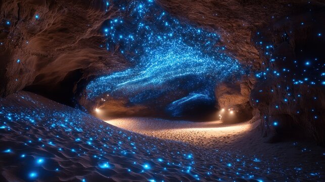 Bioluminescent Cave, glowing sand, night, ethereal glow