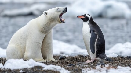 Obraz premium polar bear and gentoo penguin encounter