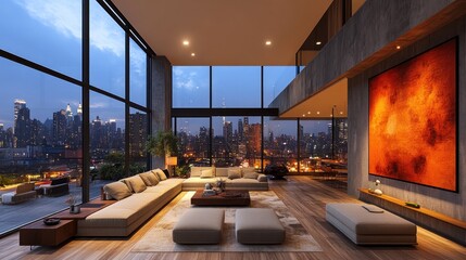 Modern penthouse living room with city views at twilight