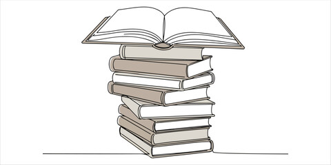 stack of books in celebration of National Thesaurus Day, this artwork features a single continuous line drawing of a tall stack of books, topped with an open book displaying its pages.  