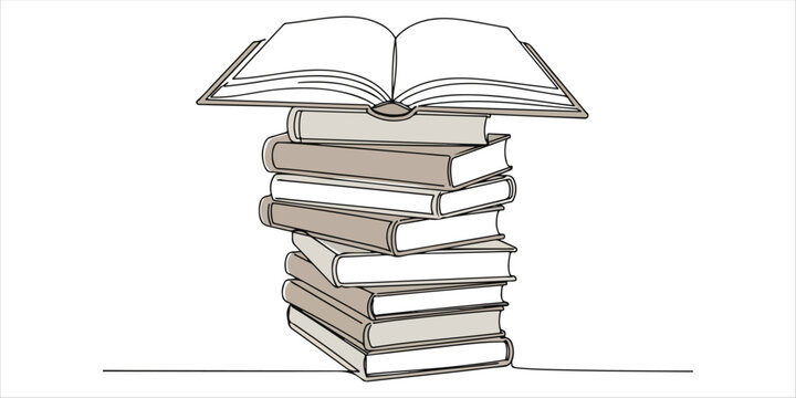 stack of books in celebration of National Thesaurus Day, this artwork features a single continuous line drawing of a tall stack of books, topped with an open book displaying its pages.  