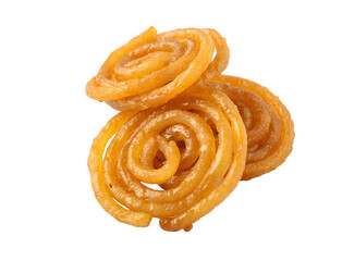 Fototapeta premium Traditional Indian jalebi dessert, crispy and syrup-soaked, cut out on a white transparent background for easy PNG use in projects