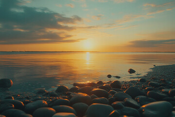 Arafed view of a beach with rocks and water at sunset