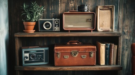 Vintage wooden shelf adorned with an old leather suitcase, retro radio, and classic film camera creates a cozy, nostalgic atmosphere perfect for a minimalist home decor