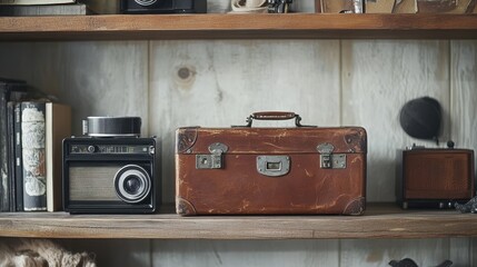 Nostalgic wooden shelf showcases an old leather suitcase, retro radio, and classic film camera, evoking warm memories of cozy moments and timeless adventures
