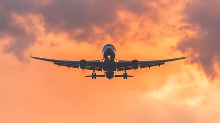 Fototapeta premium An airplane ascends against a beautiful orange and purple colored sky