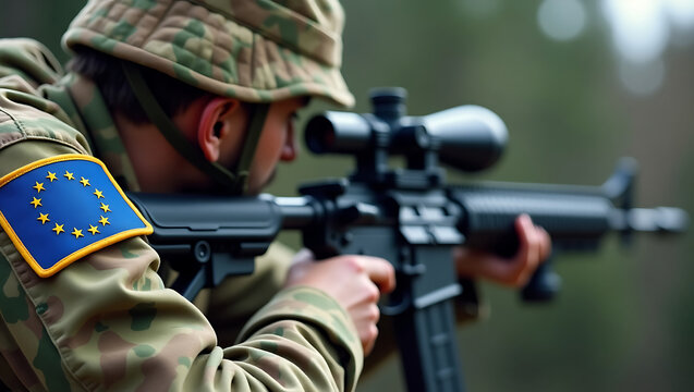 A soldier in camouflage uniform aims a sniper rifle. On his sleeve is a patch with the image of the flag of the European Union.
