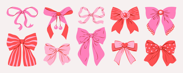 Cute pink ribbon bow set. Trendy hair braiding accessory. Perfect for festive packaging and birthday designs, greeting cards. Hand drawn vector illustration.
