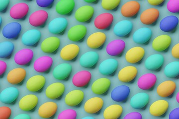 Many colorful eggs on cadet blue background. Top flat view, disorder. 3d render, illustration