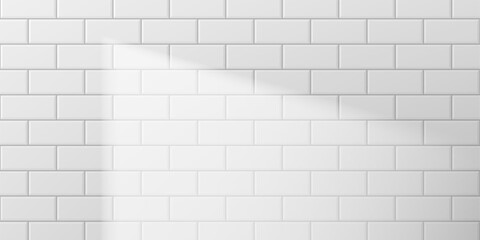 Naklejka premium Template of clear white tile wall. White ceramic wall tiles texture background. Vector illustration with tile wall or floor in laundry room, bathroom, kitchen with light of window.