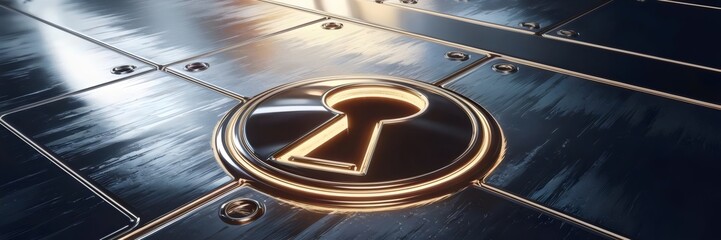 Cinematic keyhole on a metallic surface with a glowing edge leading to a pathway – Great for futuristic, high-tech, or innovation content.