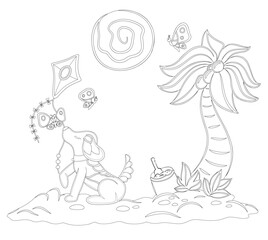 Coloring book art with playful puppy on the beach