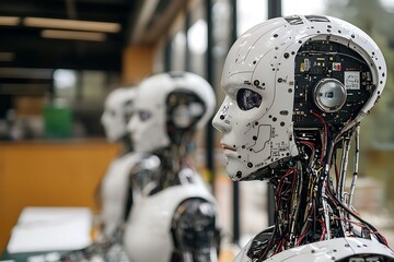 Fototapeta premium Advanced Robotics Close-up of a Humanoid Robot's Head and Internal Wiring.