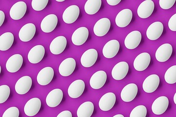 Many white eggs on purple background. Top flat view, diagonal grid. 3d render, illustration