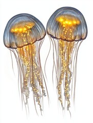 Two glowing jellyfish illuminating the deep sea with their ethereal light in a surreal watercolor setting