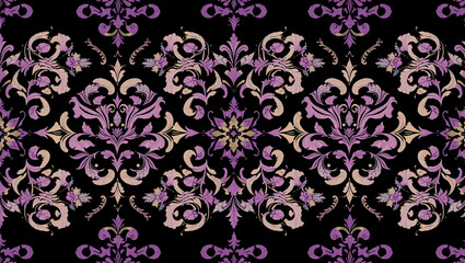 decorative damask pattern including complex floral and scroll motifs. elegant and classic wallpaper style. symmetrical and repeating look	