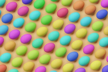 Many colorful eggs on sandy brown background. Top flat view, disorder. 3d render, illustration