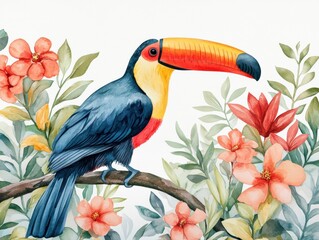 A stunning toucan bird resting on a branch adorning beautiful flowers in a lush tropical rainforest environment