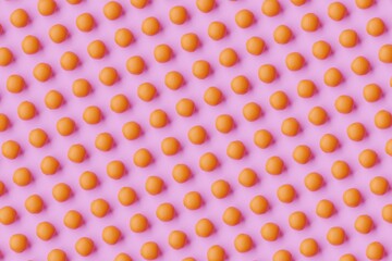 Many oranges on violet background. Top flat view, diagonal grid. 3d render, illustration
