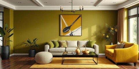 Modern Living Room Interior Design Mustard Yellow Walls Beige Sofa
