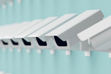 Obraz premium Many cctv on cadet blue background. cameras looking left at the same direction. 3d render, illustration