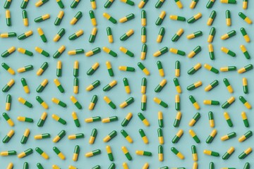 Many green and yellow pills on cadet blue background. Top flat view, disorder and grid, diagonal. 3d render, illustration