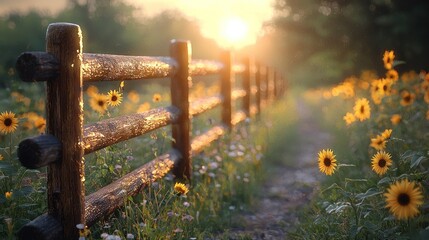 Sunlit Sunflower Field Path with Rustic Fence